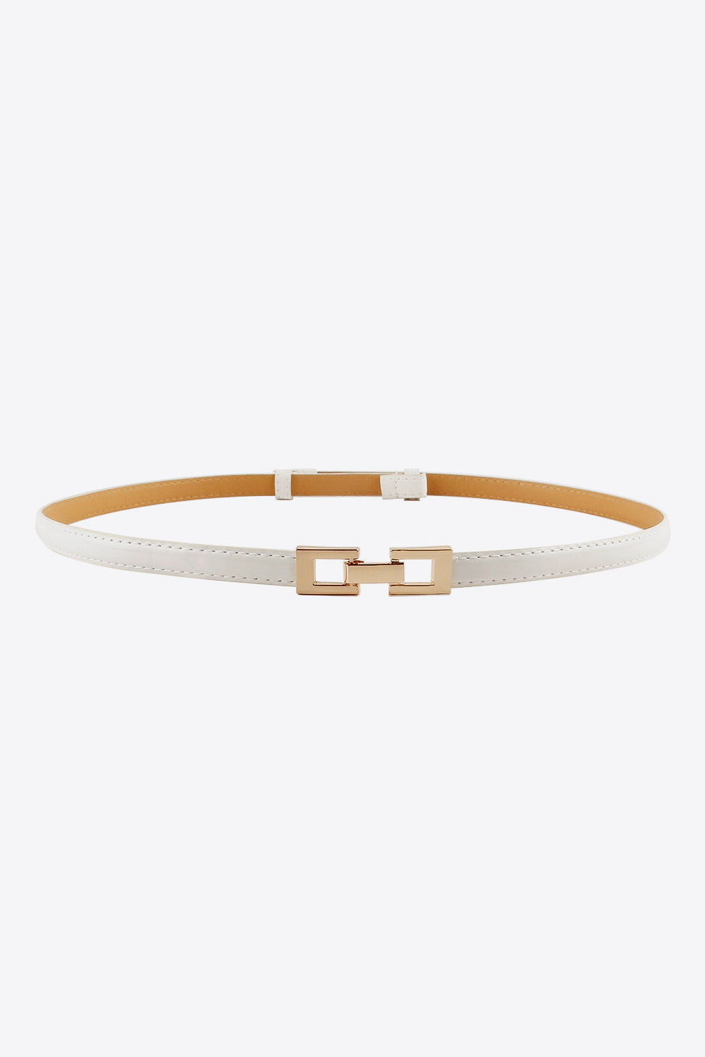 White leather belt with a gold geometric buckle detail