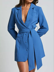 Royal blue belted blazer dress with button front and tie waist.