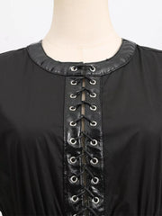 Black midi dress with lace-up neckline and faux leather trim