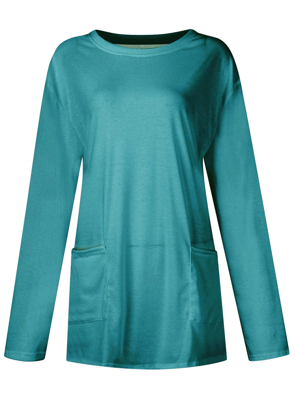 Teal relaxed fit tunic with long sleeves and two patch pockets.