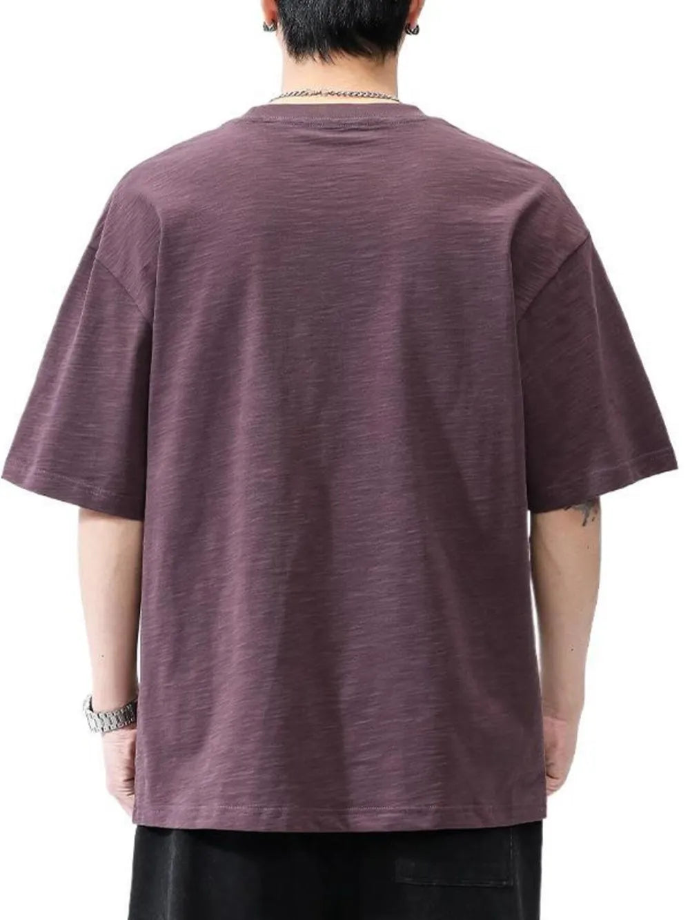 Men's relaxed fit plum purple cotton t-shirt with crew neck and short sleeves.