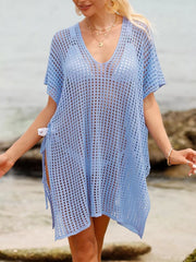 Blue V-neck ruched knit cover-up with side ties and short sleeves.