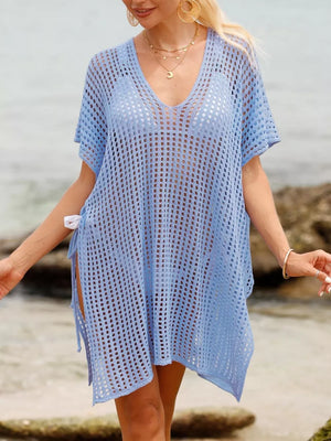 Blue V-neck ruched knit cover-up with side ties and short sleeves.