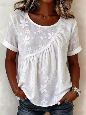 Floral Embroidered Round Neck Short Sleeve Top Plus Size in White, front view