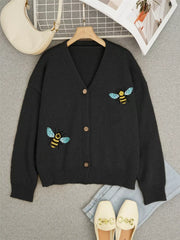 Black V-neck acrylic cardigan with embroidered bee detail and button-down front.