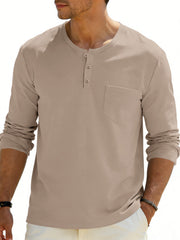 Khaki long sleeve pocketed henley t-shirt with buttoned neckline.