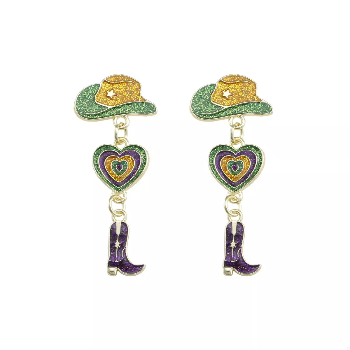 Cowboy hat boot dangle earrings with glitter hearts in green, purple, and gold.
