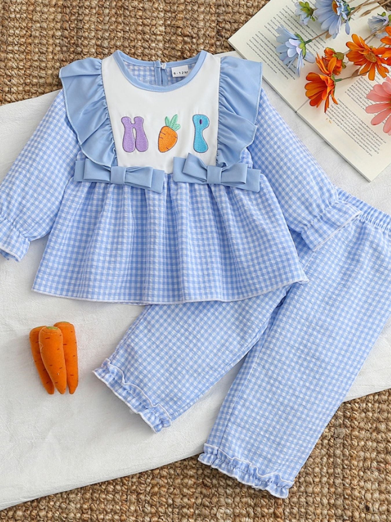 Baby blue gingham cotton set with carrot embroidery and bows.