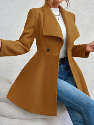Rust draped collar flare-hem coat with a single button closure.