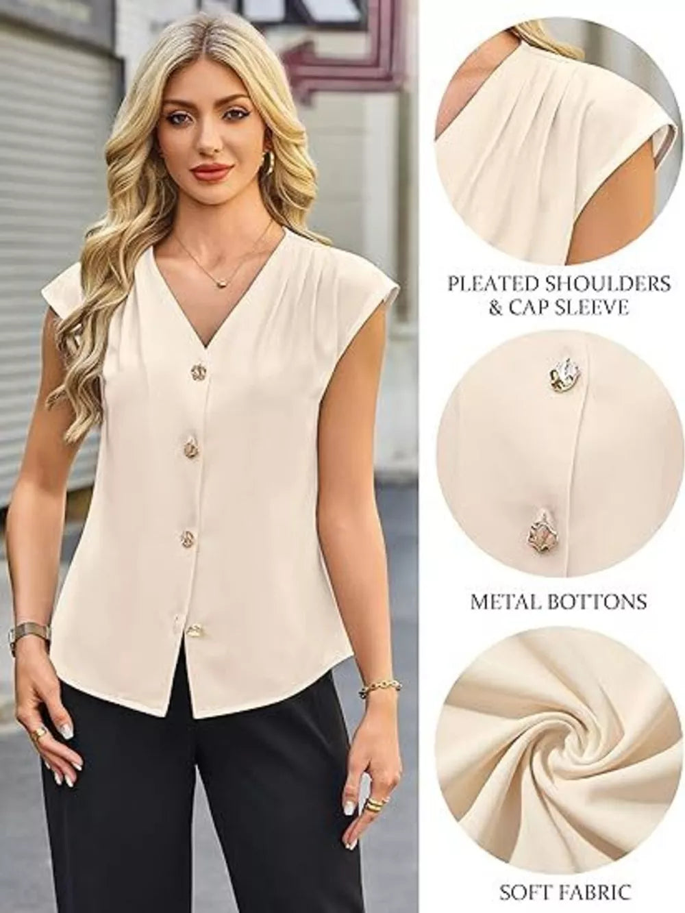 Apricot V-neck buttoned shirt with pleated cap sleeves and metal buttons.