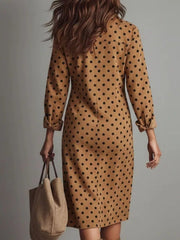 Brown polka dot midi dress with collared neckline and button-down front.