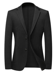 Men's black two-button acrylic sport jacket with notched lapels and flap pockets.