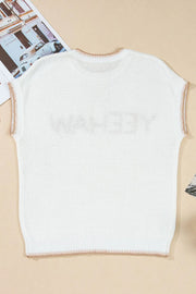 White knit sleeveless sweater with "Yeehaw" embroidery and stitch trim details.