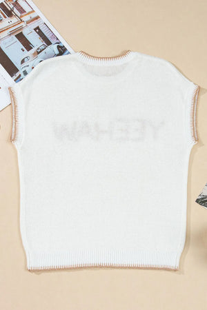 White knit sleeveless sweater with "Yeehaw" embroidery and stitch trim details.