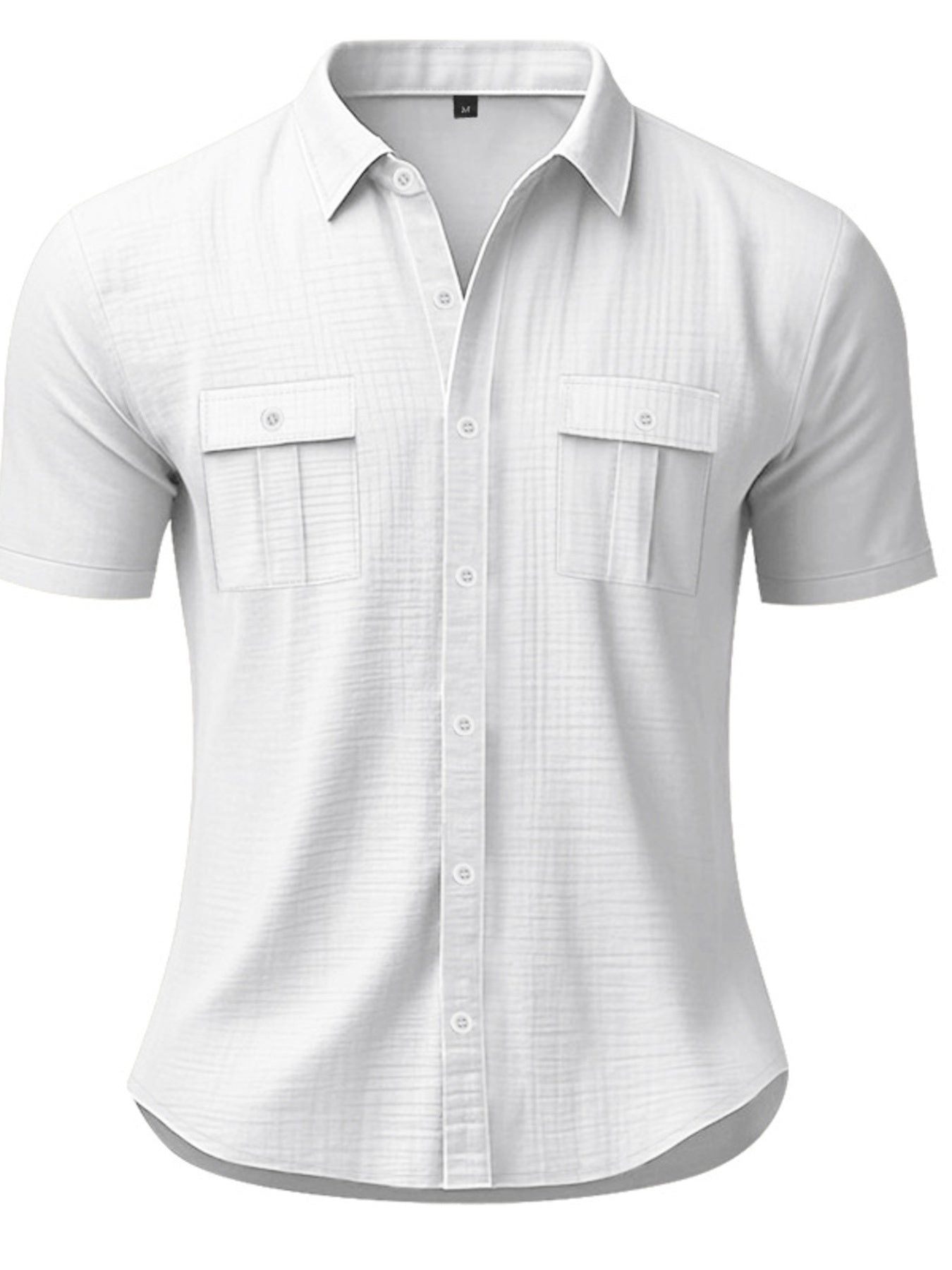White short sleeve button-down shirt with two chest pockets and a subtle textured pattern.