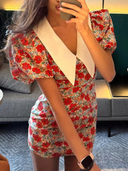 Floral Ruched Mini Dress With Puff Sleeves