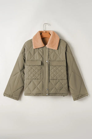 Sage quilted utility jacket with cozy shearling collar and chest pockets.