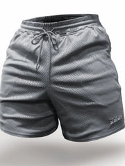 Gray performance mesh drawstring shorts with logo detail