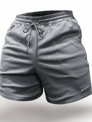 Gray performance mesh drawstring shorts with logo detail