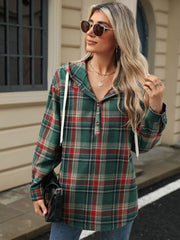Plaid henley hooded shirt in green with button detail and white drawstrings.