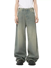 Heritage-inspired wide leg jeans in air force blue cotton blend with button fly.