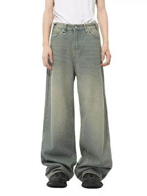 Heritage-inspired wide leg jeans in air force blue cotton blend with button fly.