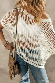 White open-knit slouchy shoulder cover-up with a relaxed fit and short sleeves.