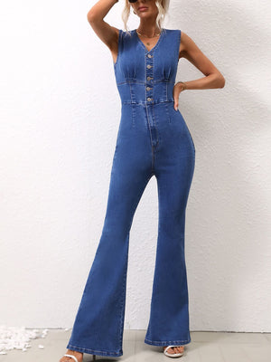 Buttoned bodice flare leg denim jumpsuit in dark blue cotton with a V-neck and sleeveless design.