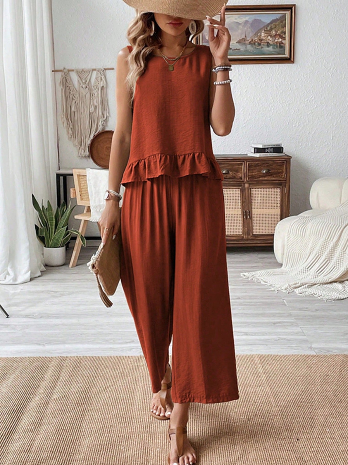 Ruffled hem rust tank top and flowing wide-leg pants set, women's casual outfit