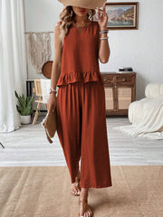 Ruffled hem rust tank top and flowing wide-leg pants set, women's casual outfit