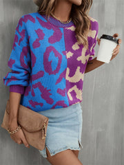 Split leopard knit sweater with statement sleeves in blue/green and purple/apricot acrylic.