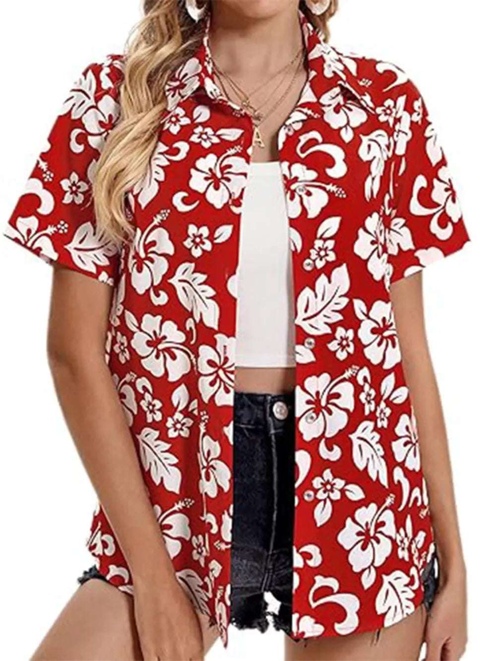 Red tropical hibiscus print button-up shirt with short sleeves.
