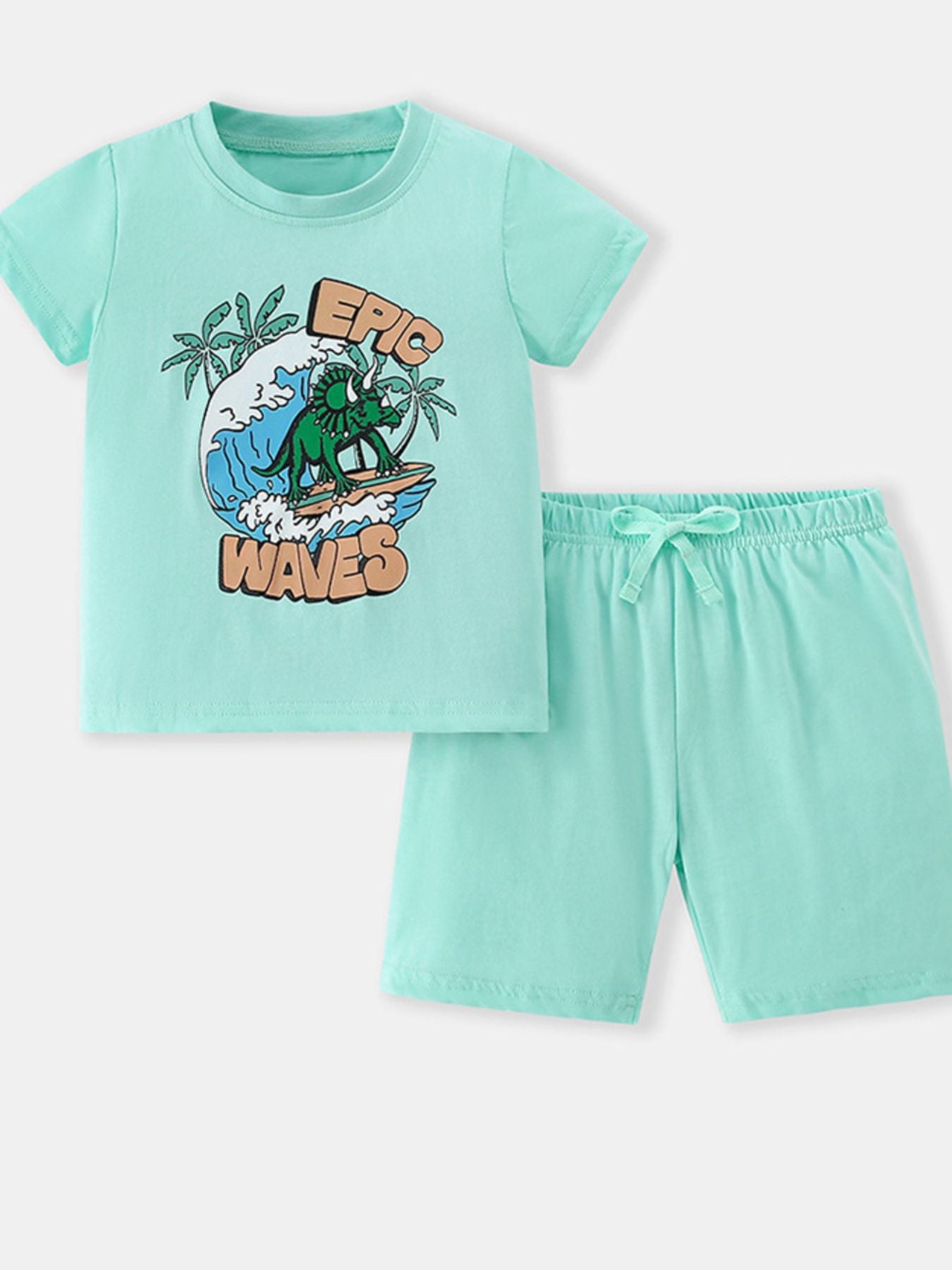 Toddler mint green cotton two-piece set with surfing triceratops graphic tee and drawstring shorts
