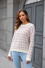 Textured grid knit crewneck sweater with fuzzy trim in multicolor.