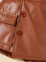 Brown faux leather baby skirt with button detail and pocket.