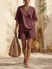 Notched V-neck half sleeve lounge top in dusty rose, paired with matching shorts.