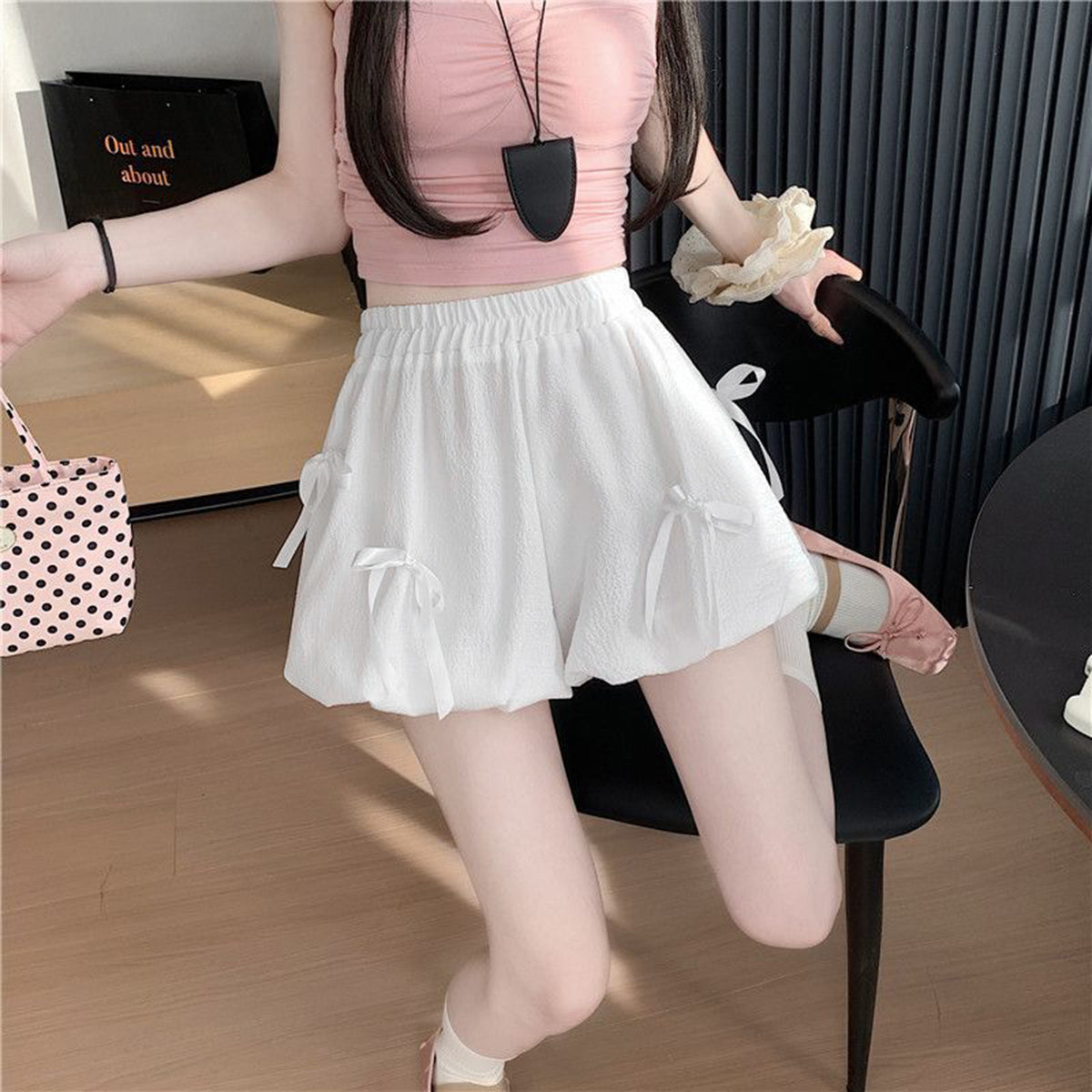 White bubble skirt with bowknot details and high waist