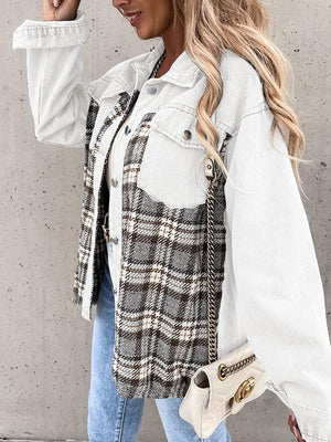 Panelled plaid denim hybrid jacket in white with brown plaid detail, button front, and chest pockets.