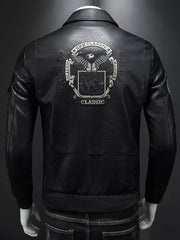 Black leather bomber jacket with embroidered eagle crest and "Classic" text on the back.