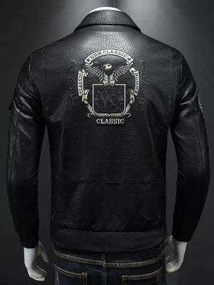 Black leather bomber jacket with embroidered eagle crest and "Classic" text on the back.