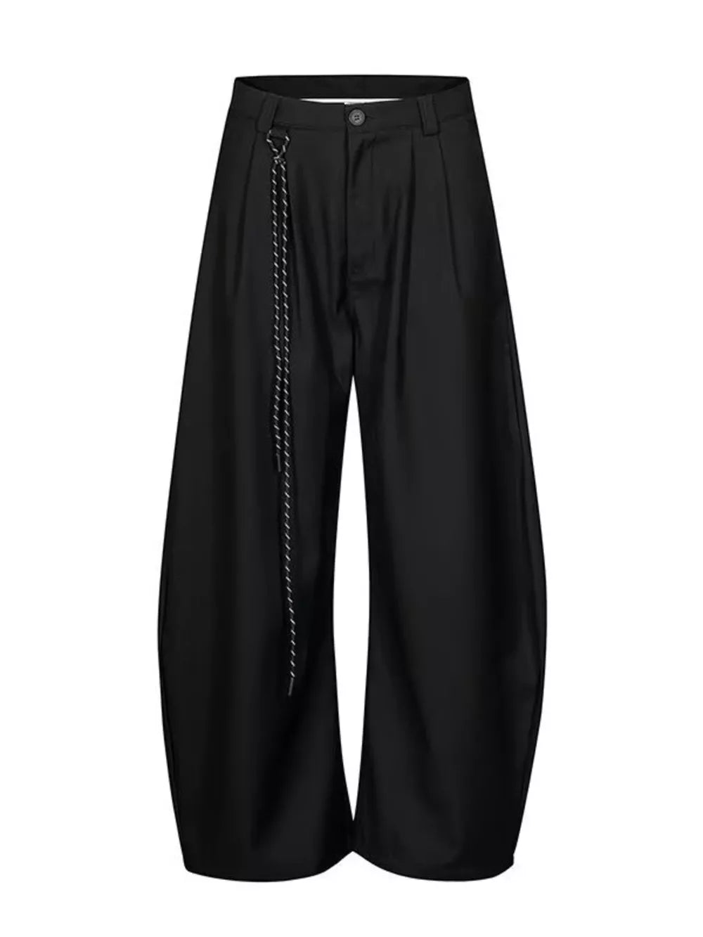 Men's black wide leg joggers with a decorative chain detail.
