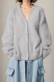 Light Gray fluffy angora V-neck buttoned cardigan with long sleeves.