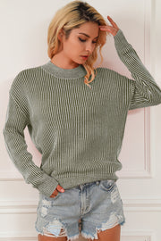 Vertical ribbed mock neck pullover sweater in sage green and white stripes, acrylic knit.