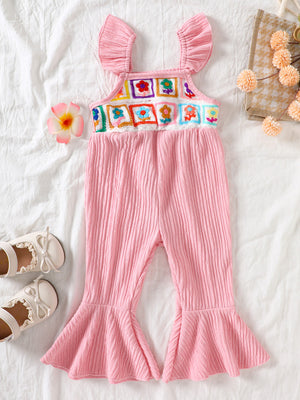Pink crochet ruffle trim baby jumpsuit with bell bottoms and floral squares.
