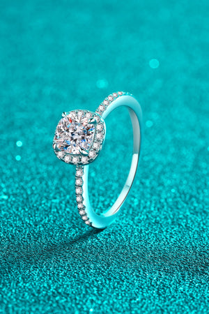 Silver cushion cut moissanite ring with pavé band