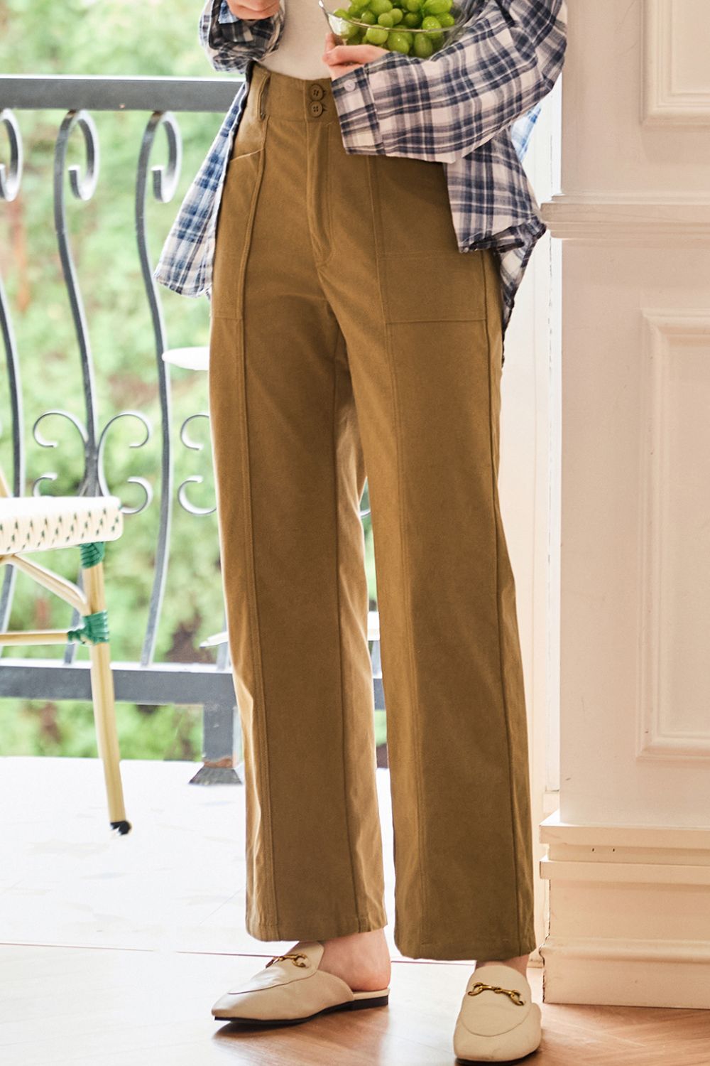 Caramel seamed front wide leg trousers with buttoned waist