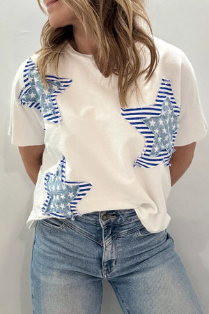 White cotton tee with notched neck and blue star applique details