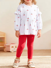 Children's Cherry Print Ruffle Sleeve Top And Leggings Set in Multicolor, front view