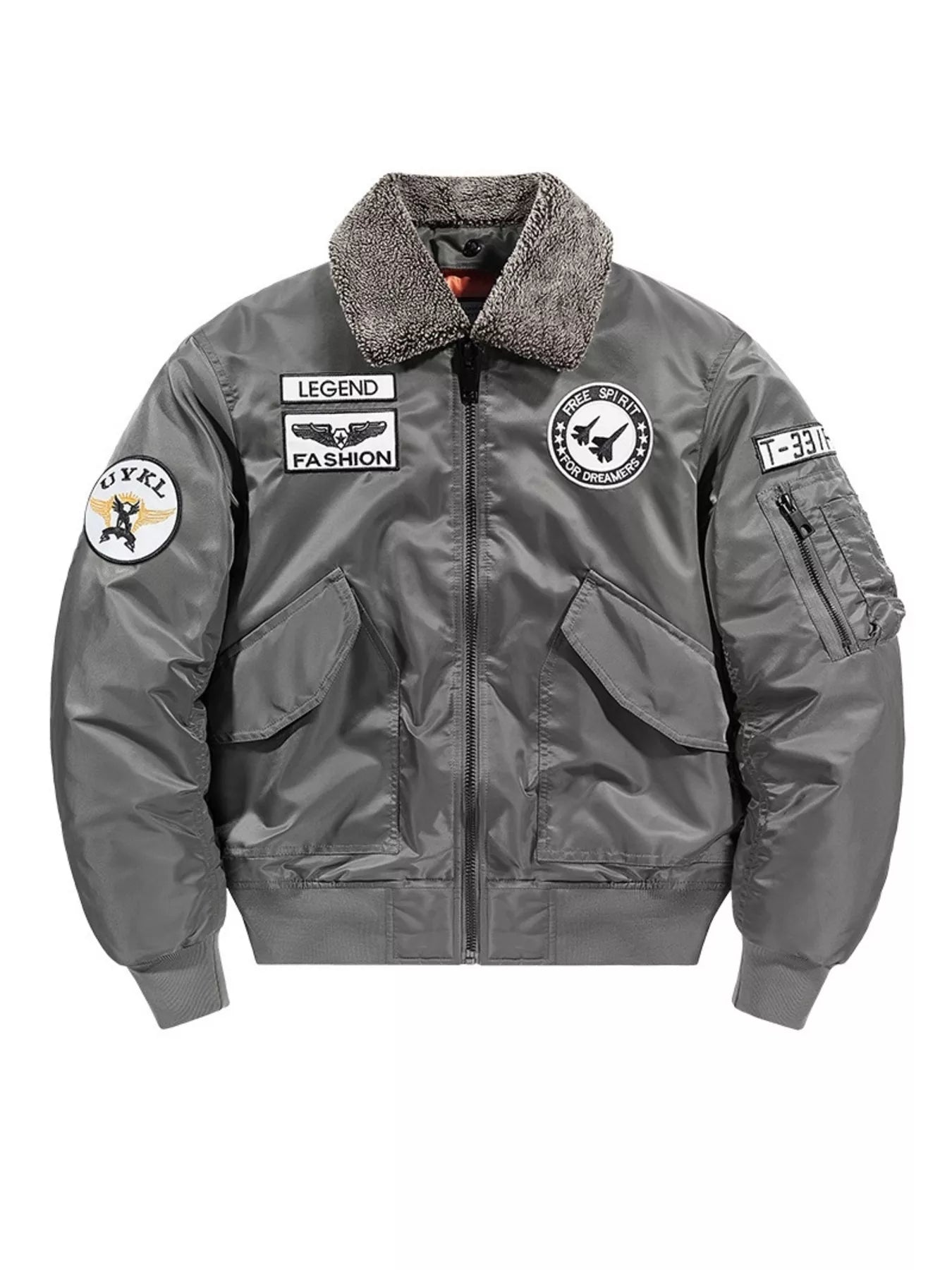 Gray bomber jacket with shearling collar and embroidered patches.