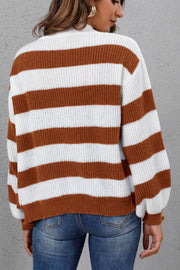 Chunky stripe acrylic cardigan in brown and white with balloon sleeves and button detail.